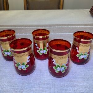 Vintage Czech Gilded Bohemian Ruby Red and Gold Drinking Glasses Set of 5 Floral